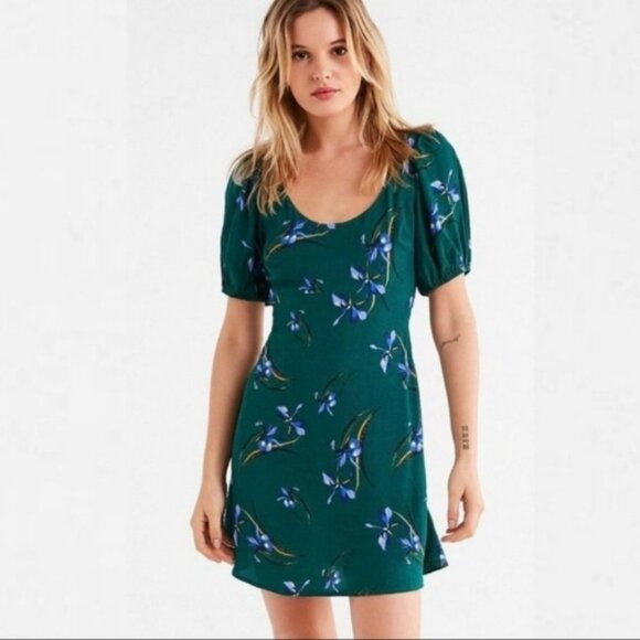 Urban Outfitters Epiphany Dress Women Small Green Mini Floral Iris Short Sleeves - Picture 1 of 10